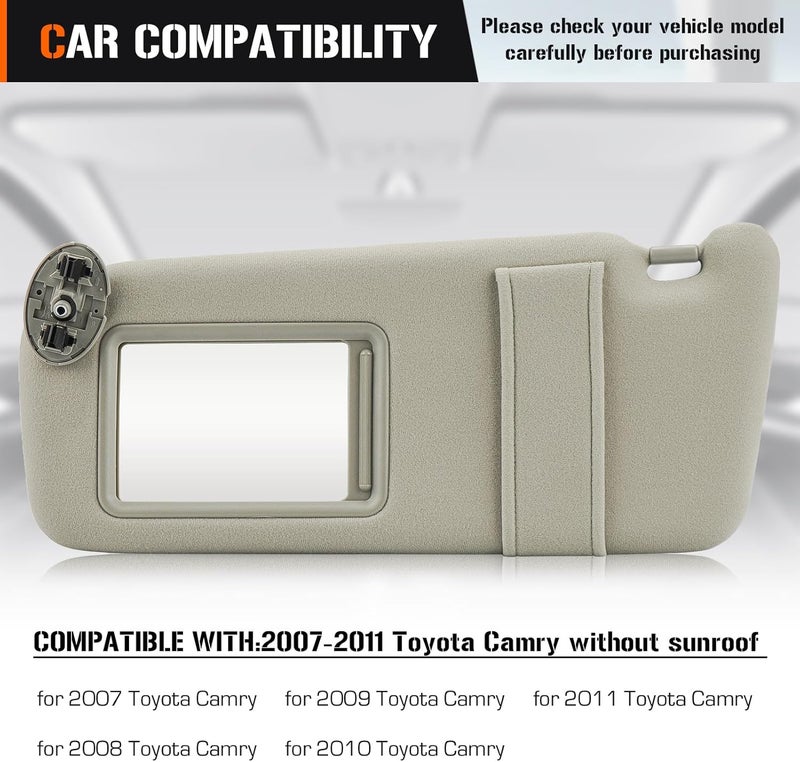 AEagle Sun Visor for 2007-2011 Toyota Camry Without Sunroof, Left Driver Side Beige Sunvisor Replacement 74320-06780-B0, 74320-33B81-B0 - Image 3